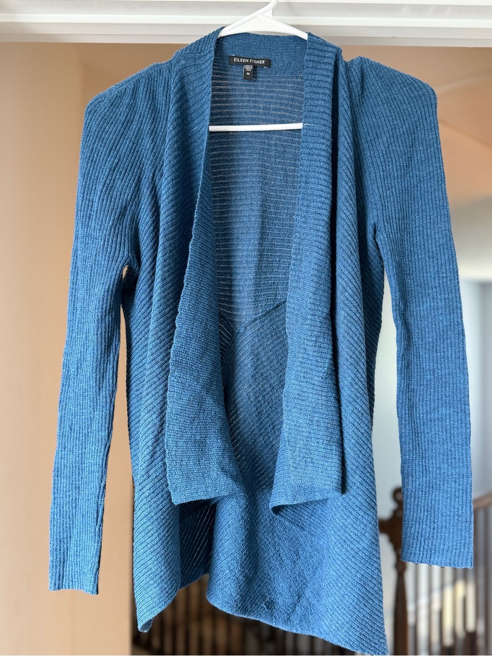 Eileen Fisher Blue 100% Wool Ribbed Waterfall Cardigan Size M